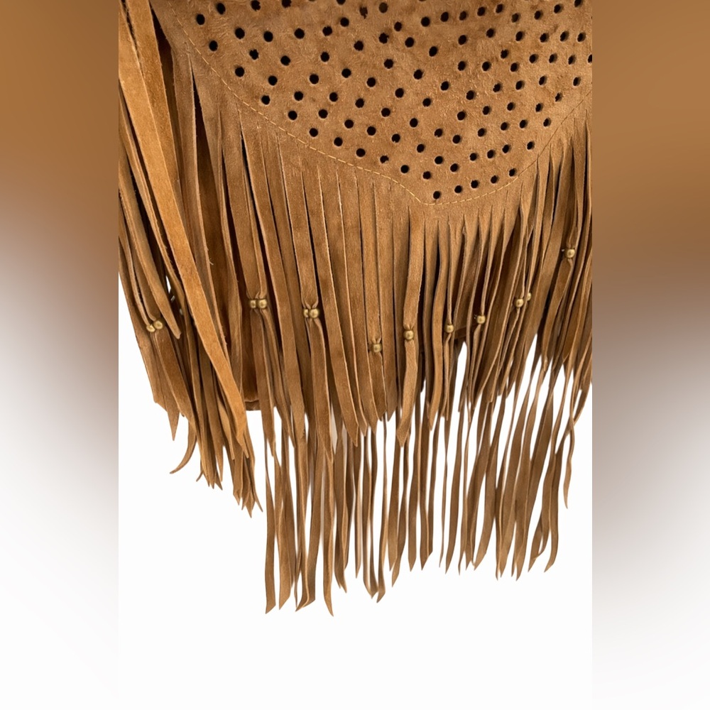 Suede Fringe Crossbody Bag in Tan With Adjustable Straps - Picture 3 of 7